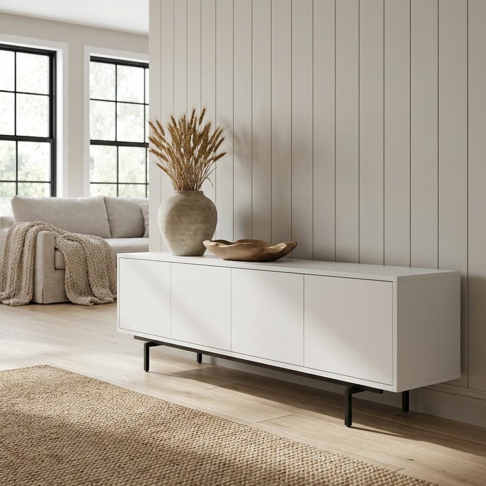 White Laminate TV Stand with 4 Doors and Modern Design