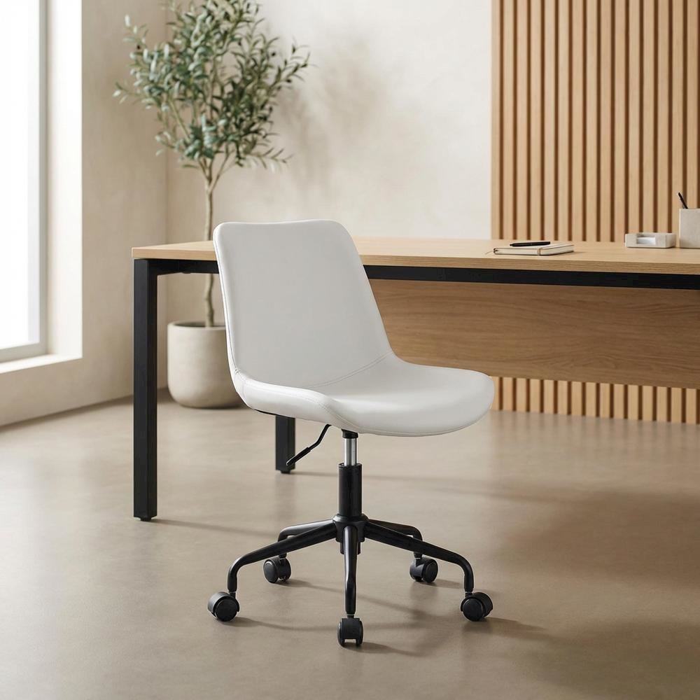 White Mid-Back Office Chair with Plywood Frame and Polyurethane Upholstery