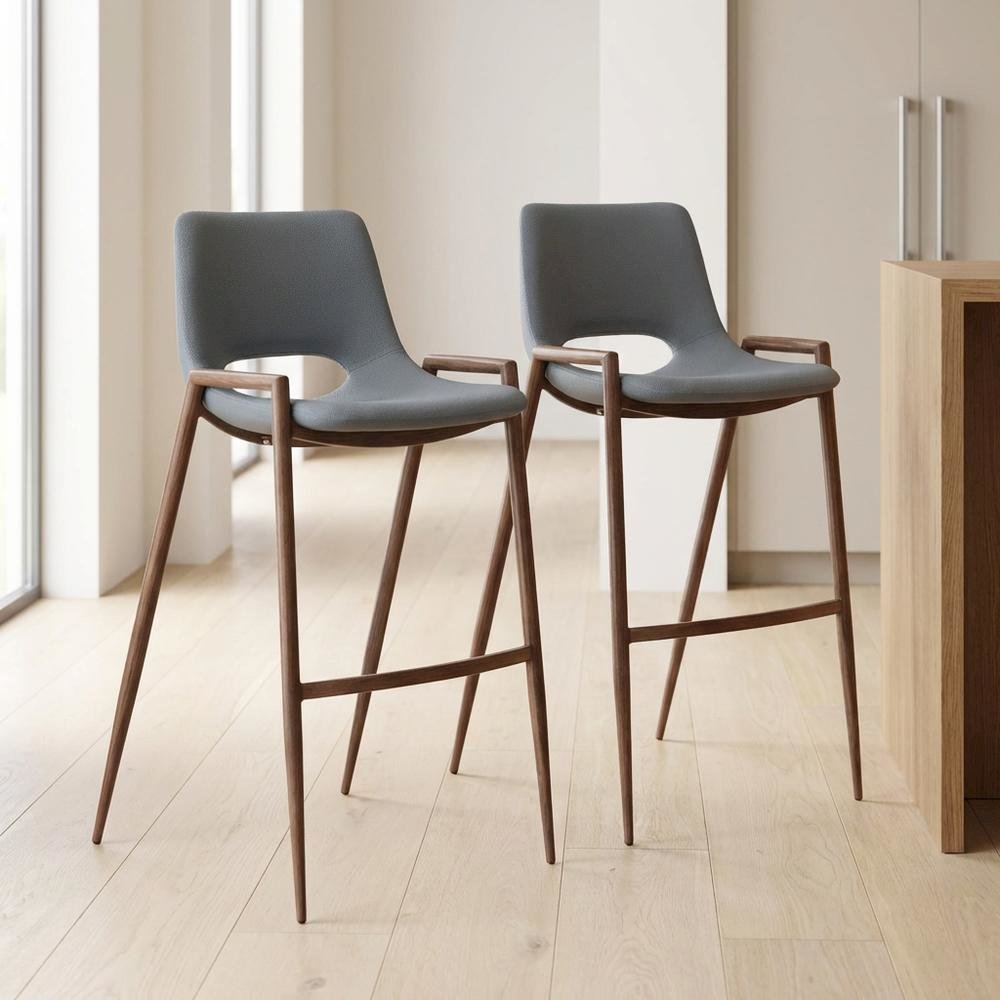 Gray Desi Modern Bar Stool Set of 2 with Plywood Frame and Polyurethane Upholstery