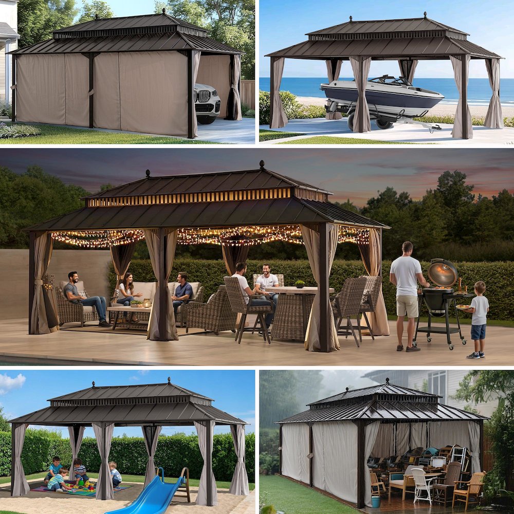 20 ft x 12 ft Aluminum Frame Steel Double Roof Hardtop Rectangular Gazebo, Brown