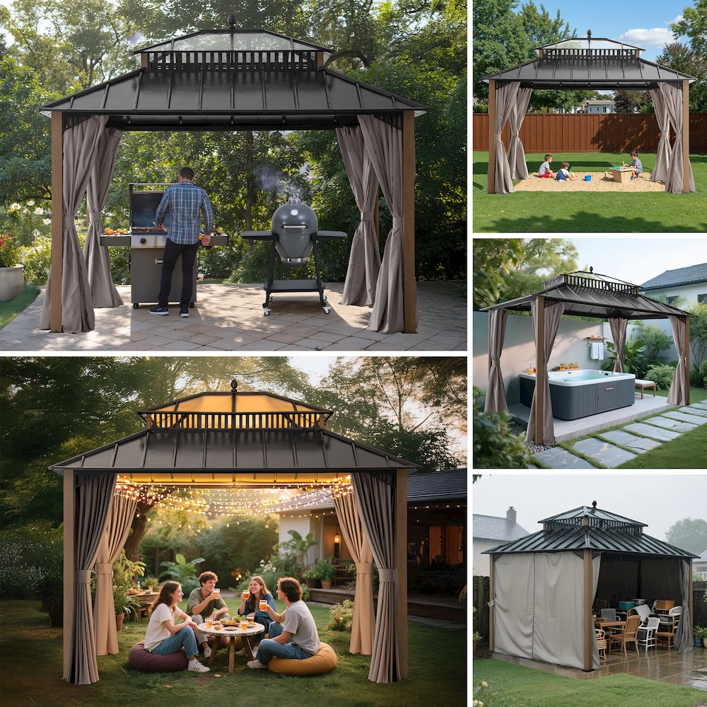12 ft x 10 ft Hardtop Gazebo with Steel & PC Roof, Woodgrain Aluminum Frame