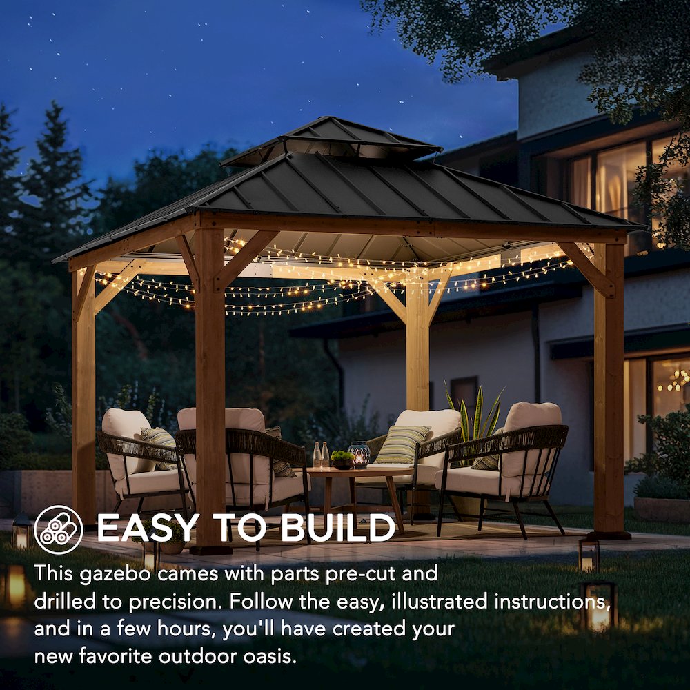 11 ft. x 11 ft. Brown 2-Tier Wooden Cedar Frame Patio Steel Hardtop Gazebo