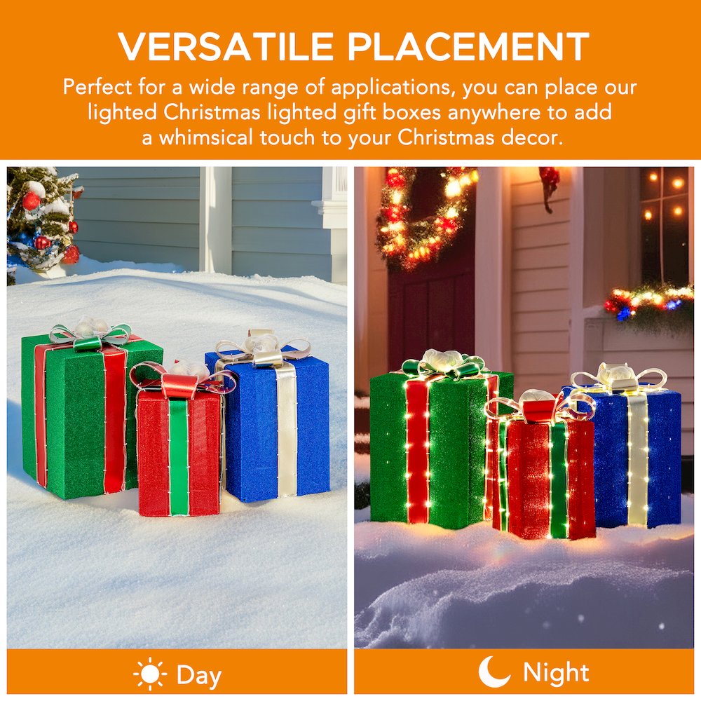Sunjoy 3D Lighted Gift Box Tinsel Santa Holiday Outdoor Christmas Decoration Set