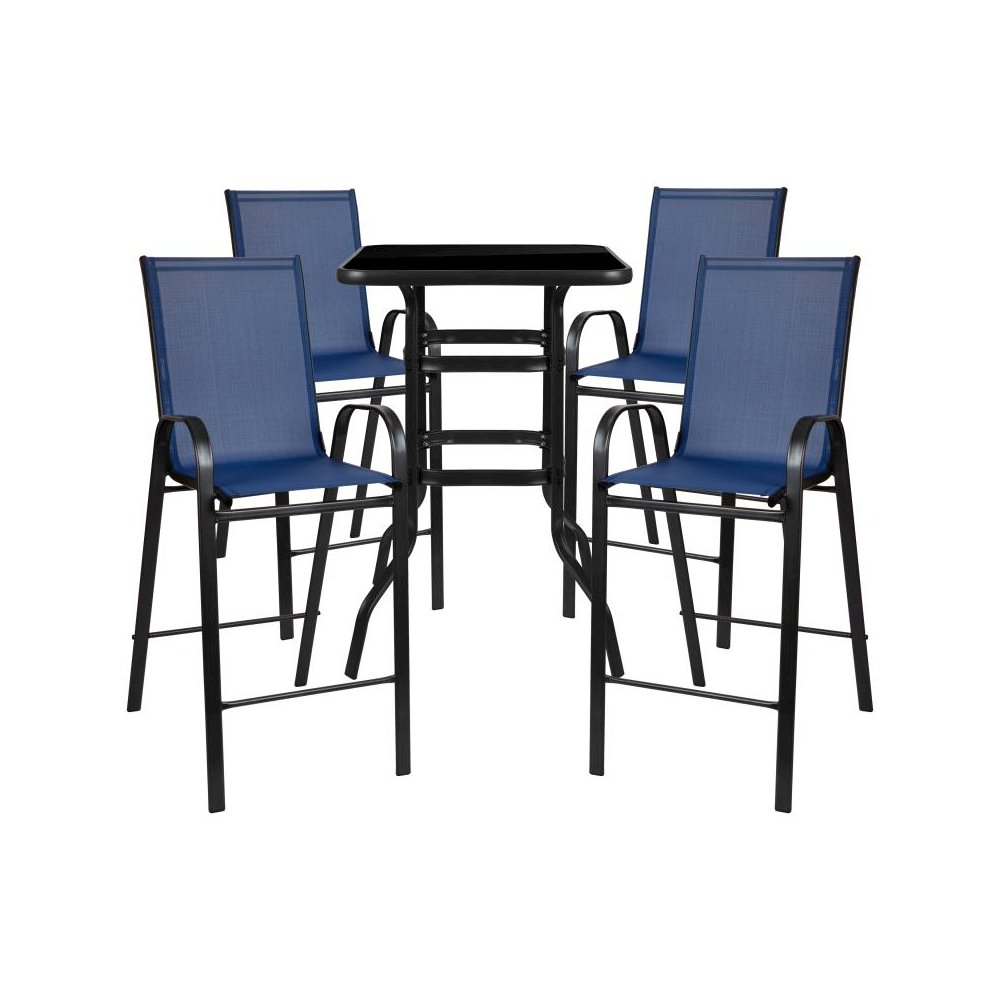 Outdoor Dining Set - 4-Person Bistro Set - Outdoor Glass Bar Table with Navy All-Weather Patio Stools