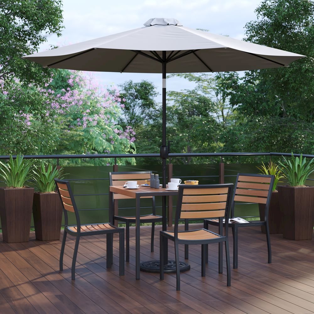 7 Piece All-Weather Deck or Patio Set with 4 Stacking Faux Teak Chairs, 35" Square Faux Teak Table, Gray Umbrella & Base