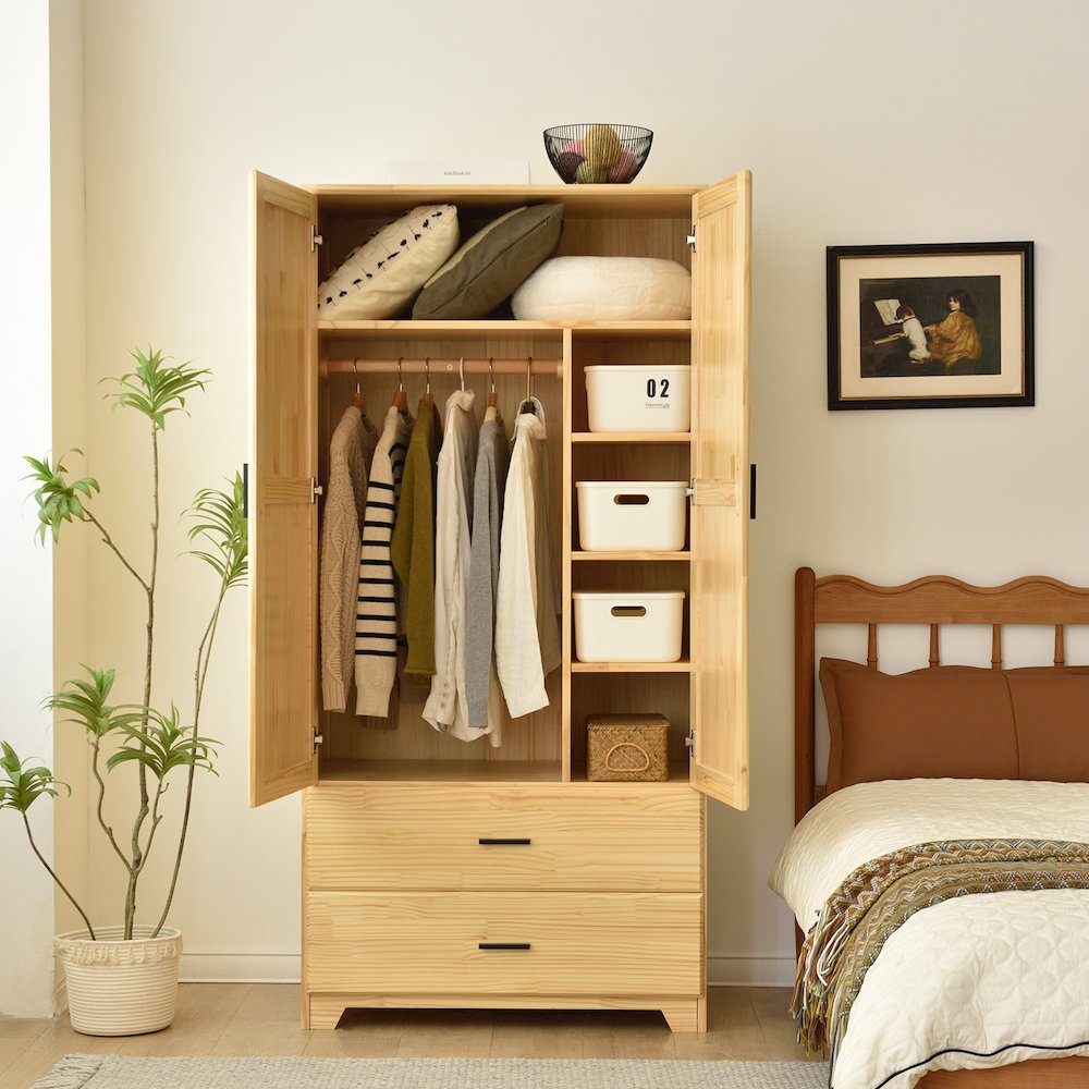 Pine Wood Closet with Raised Doors and Two Drawers (Natural)