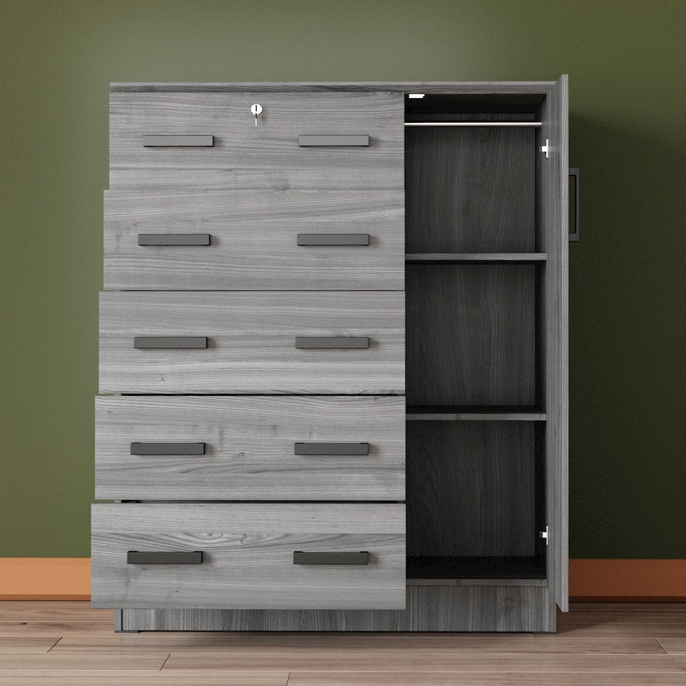 Better Home Products JCF Sofie 5 Drawer Wooden Tall Chest Wardrobe in Gray