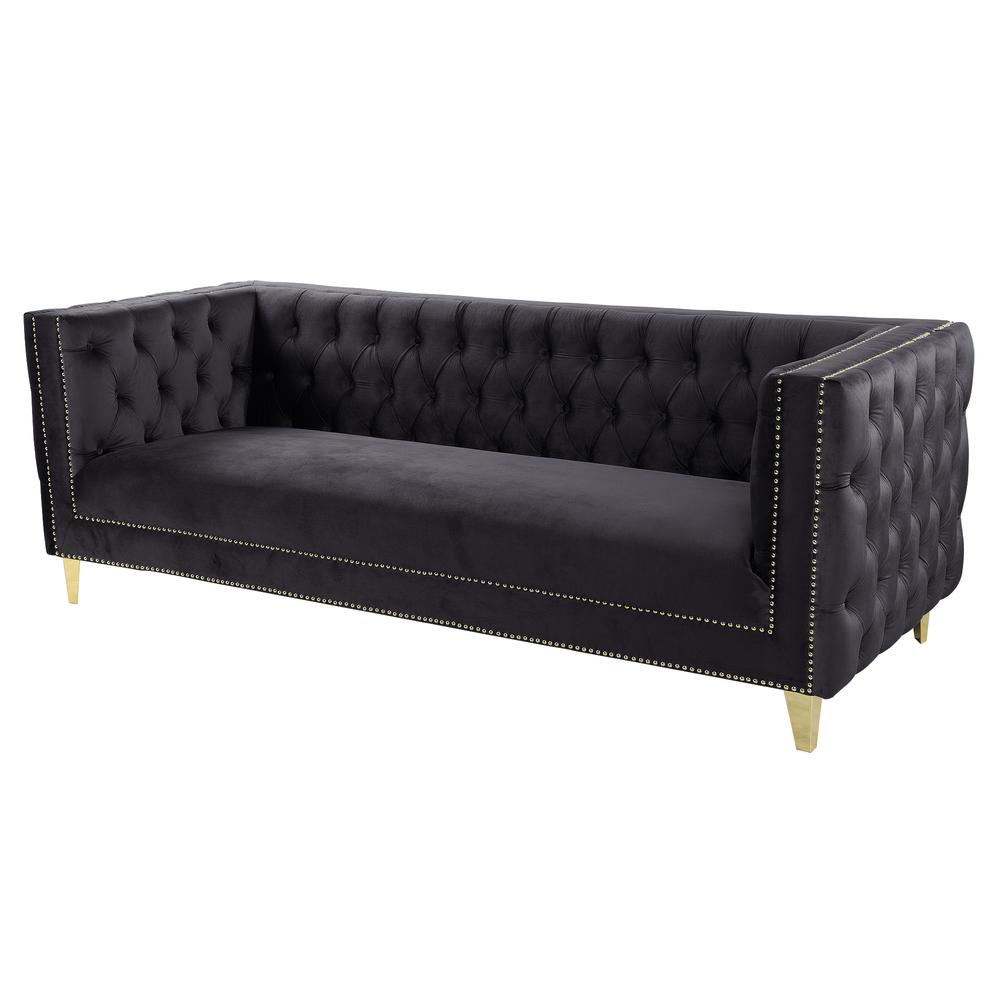 Luxe Velvet Sofa with Gold Legs, Gold Nail head Trim and Button-Tufted Design