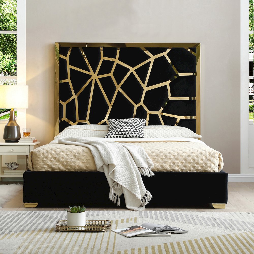 Serenity Velvet Bed with Gold Metal Frame