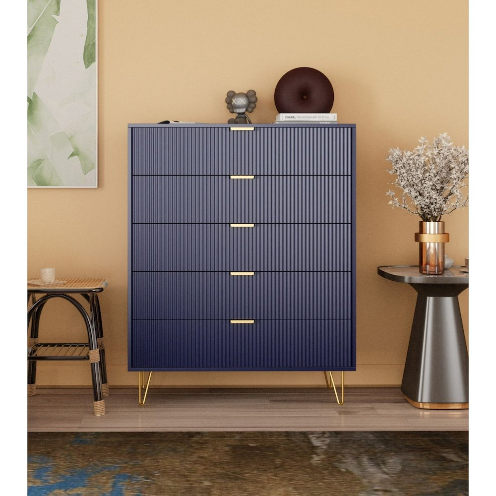 5-Drawer Chest in MDF Wood with Gold Metal Legs in Blue Color