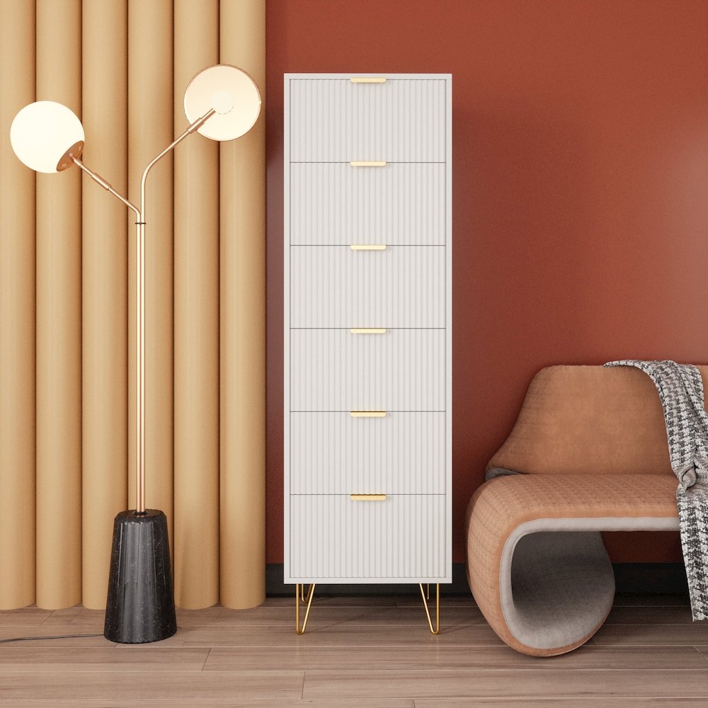 6-Drawer Lingerie Chest with Gold Metal Legs and Handles in White Color