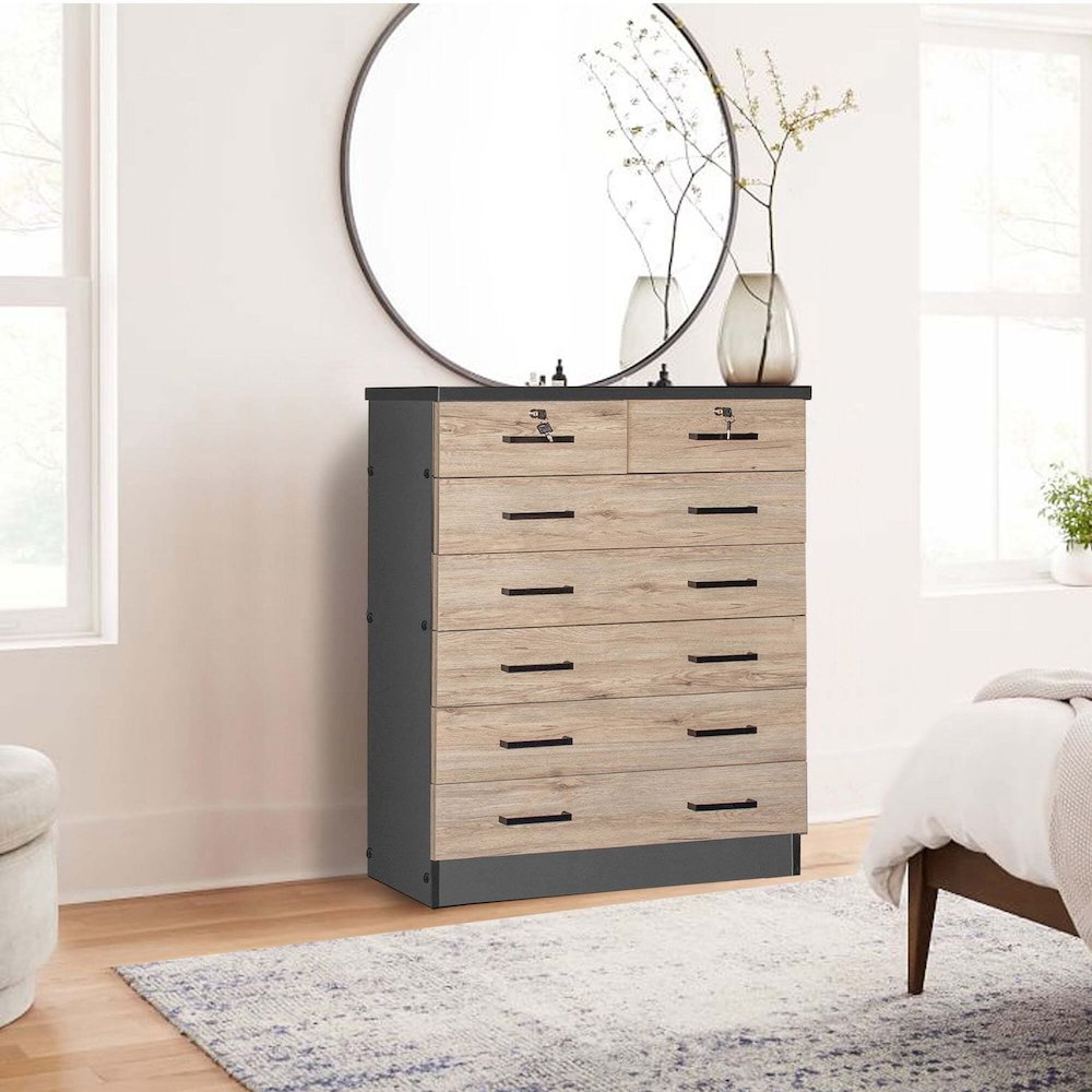 7 Drawer Chest Wooden Dresser with Lock (Natural Oak + Dark Gray)