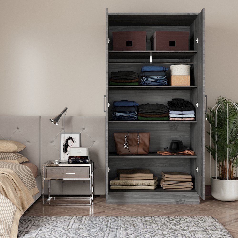 Better Home Products Harmony Wood Two Door Armoire Wardrobe Cabinet in Gray