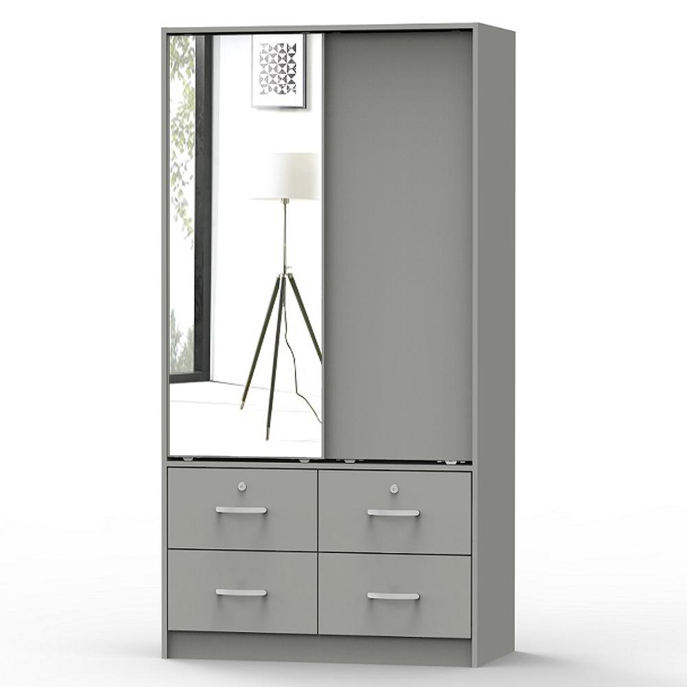 Better Home Products Sarah Double Sliding Door Armoire with Mirror in Light Gray