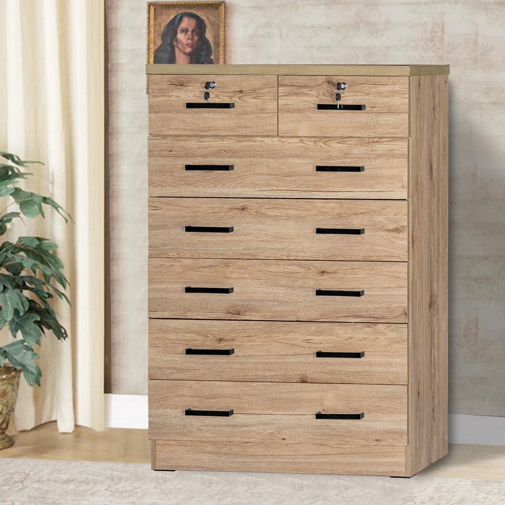 Better Home Products Cindy 7 Drawer Chest Wooden Dresser with Lock - Natural Oak