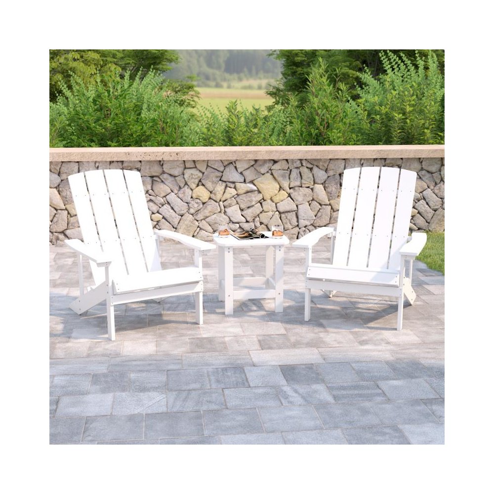 2 Pack All-Weather Poly Resin Wood Adirondack Chairs with Side Table in White