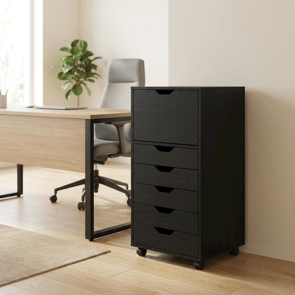 Composite Wood Home Office Floor Cabinet with Drawers and Locking Casters, Black