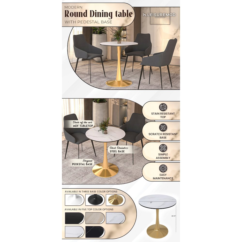 Bristol 27" round dining table Gold base with marbled MDF top