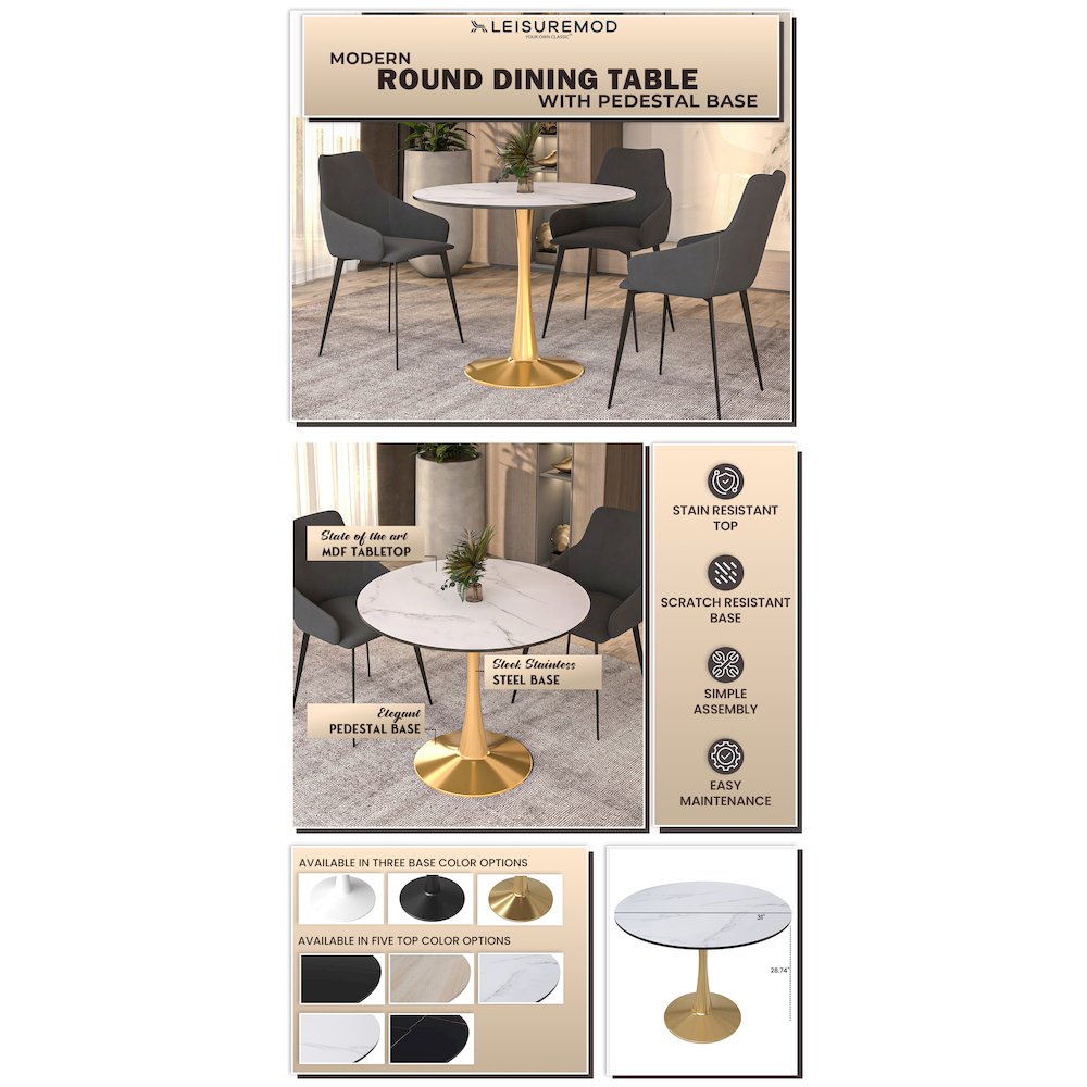 Bristol 31" round dining table Gold Base With White Top