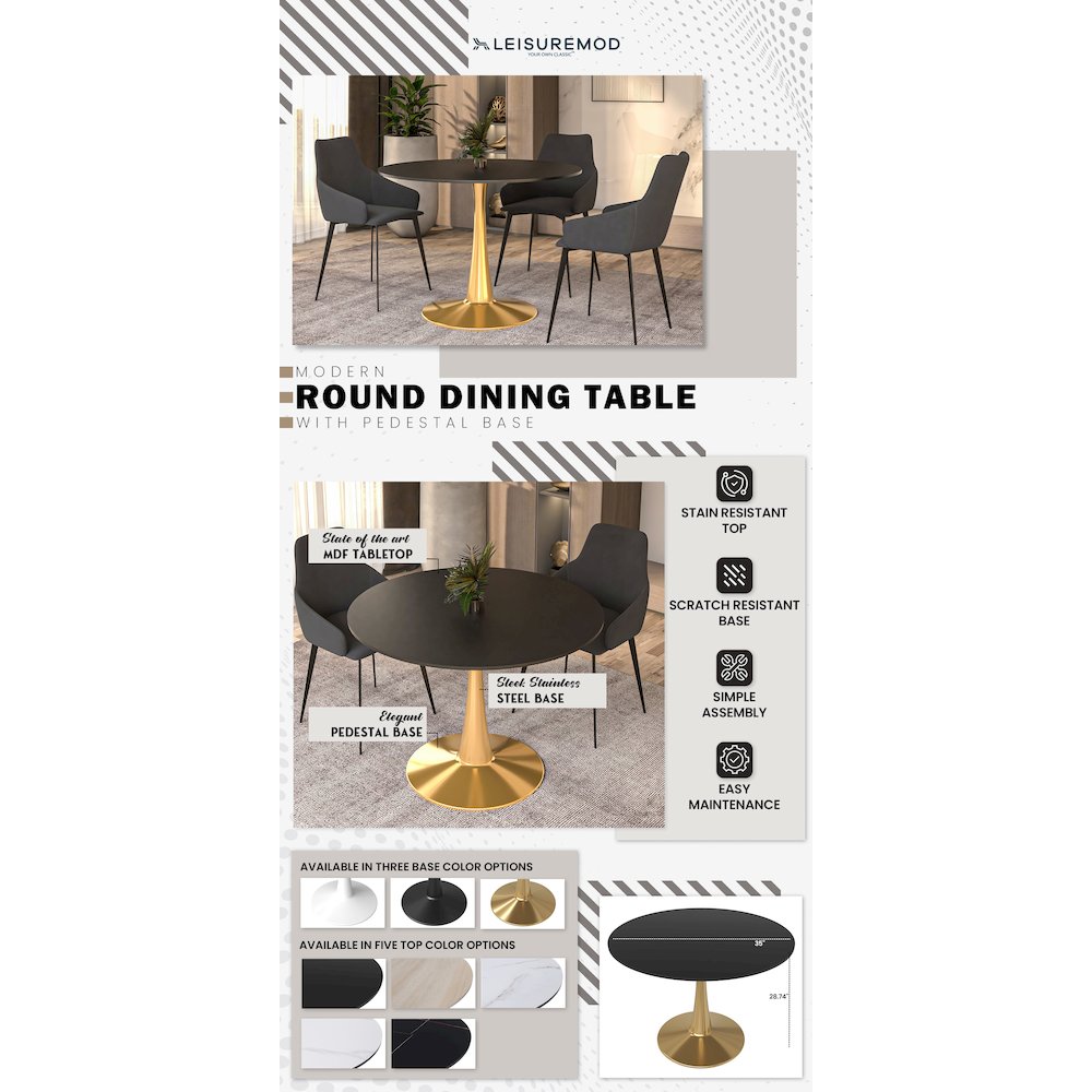 Bristol 40" round dining table Gold Base With Black Top