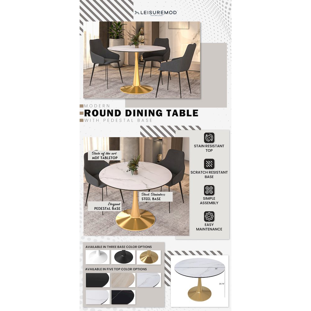 Bristol 40" round dining table Gold base with marbled MDF top