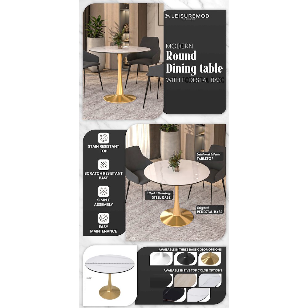 Bristol 35" round dining table Gold base with White Sintered stone Top