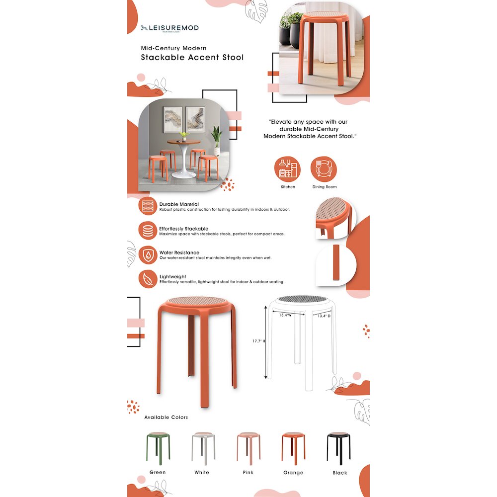 Tresse Series Stackable Round Poly Stool With Wicker Top 13 in Orange