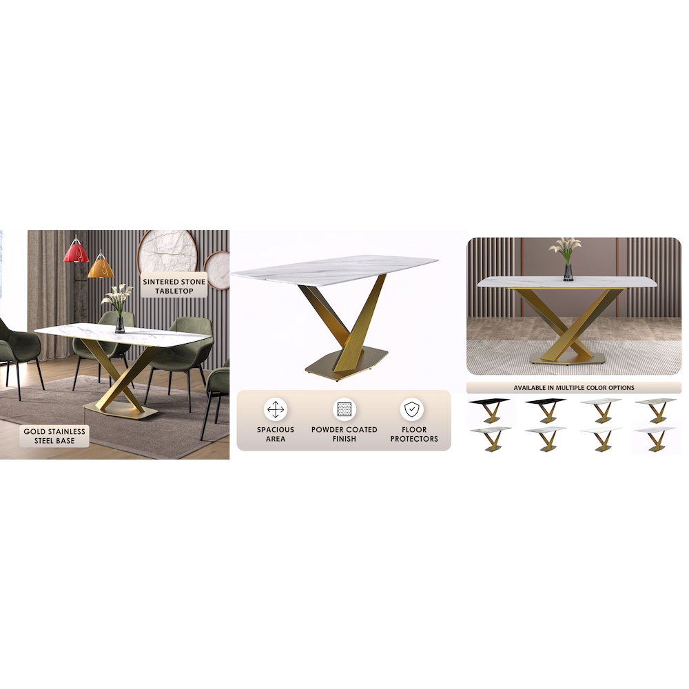 Voren Series Modern Dining Table Gold Base, With 62 White Sintered Stone Top