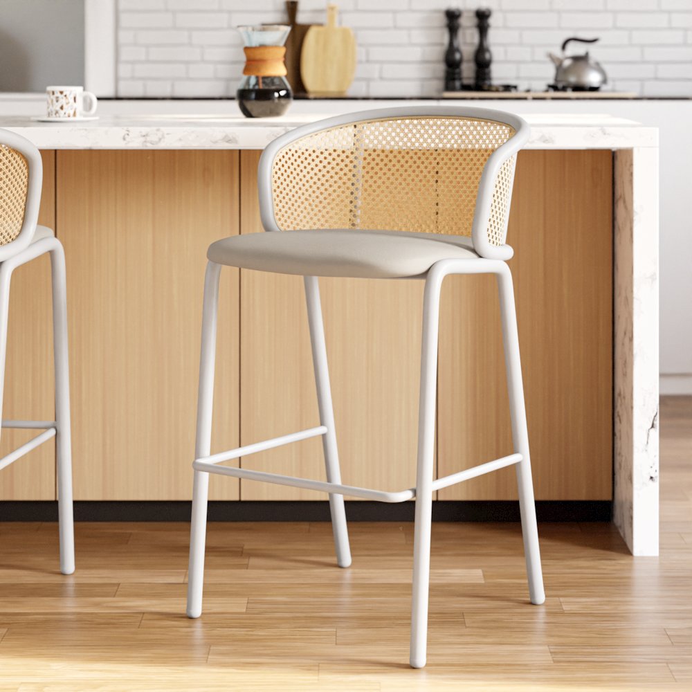 Ervilla Mid-Century Modern Wicker Bar Stool in Beige