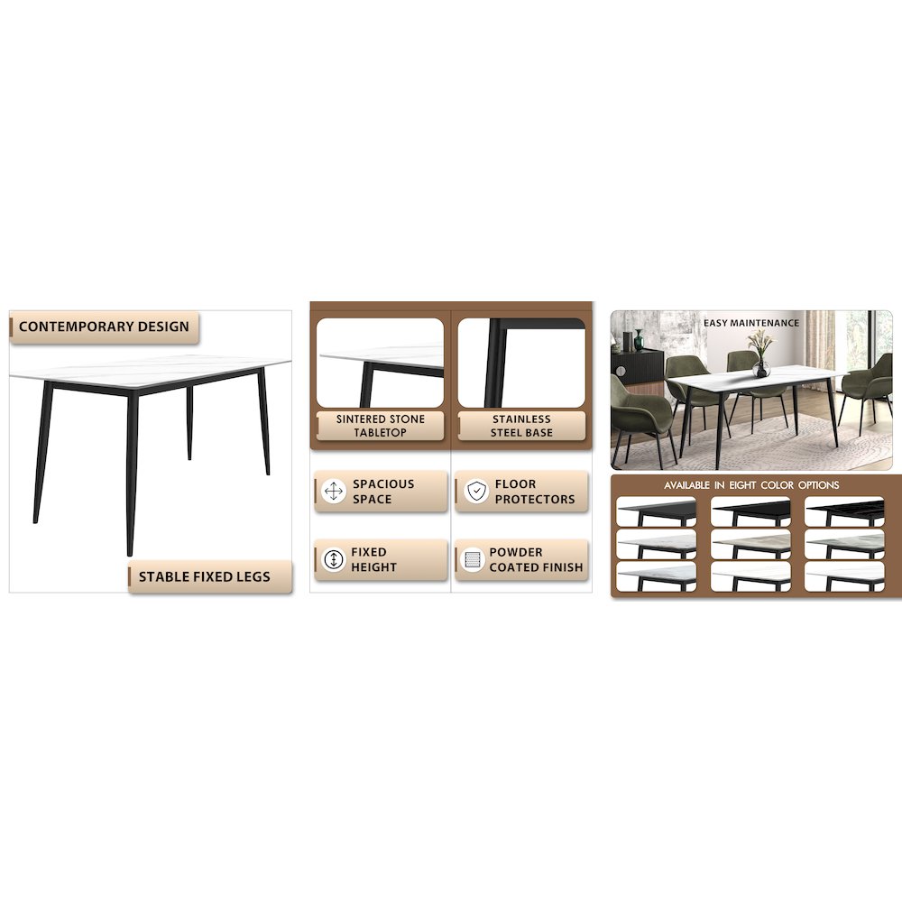 Zayle Series Modern Dining Table Black Base, With 71 White Sintered Stone Top
