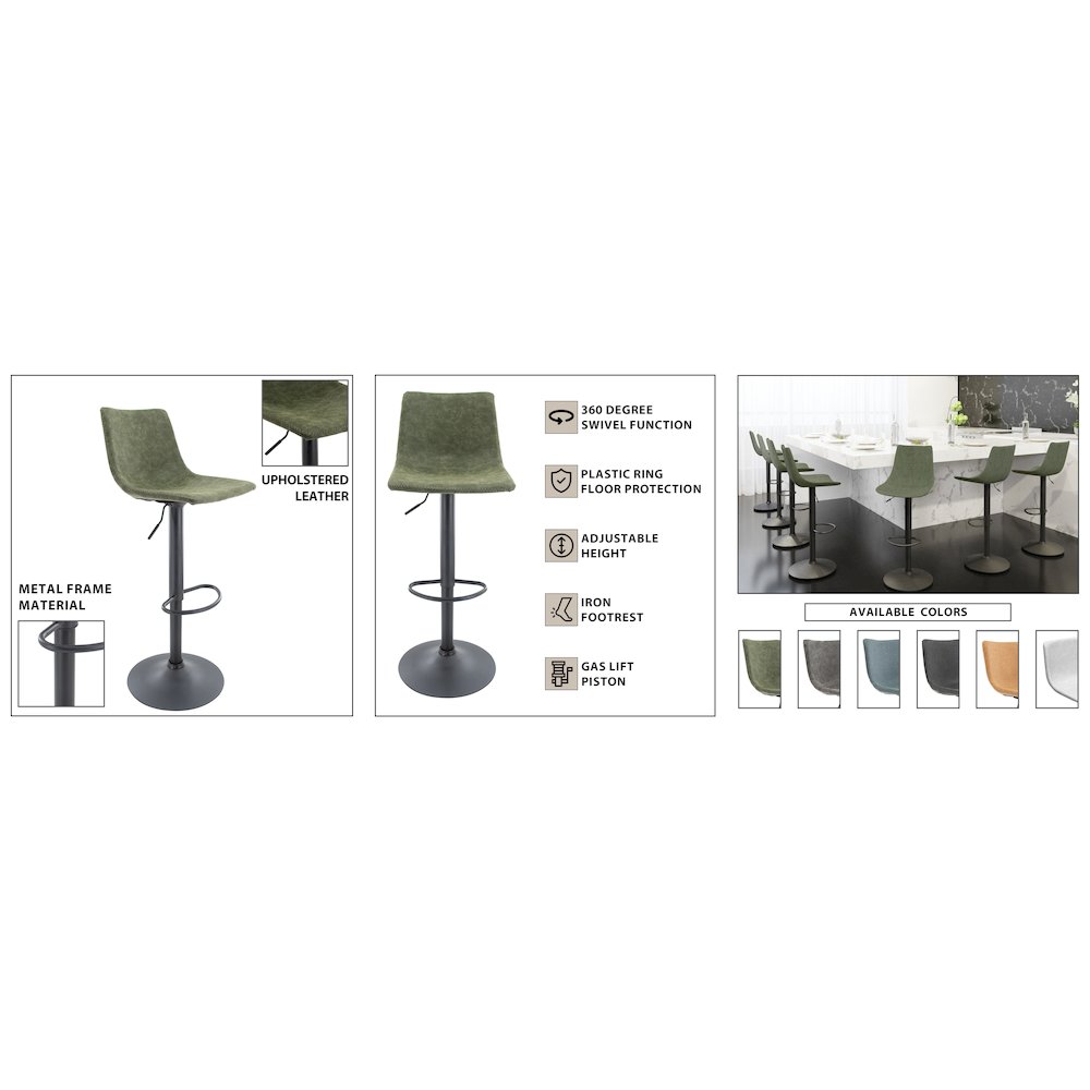 Tilbury Modern Adjustable Bar Stool in Olive Green