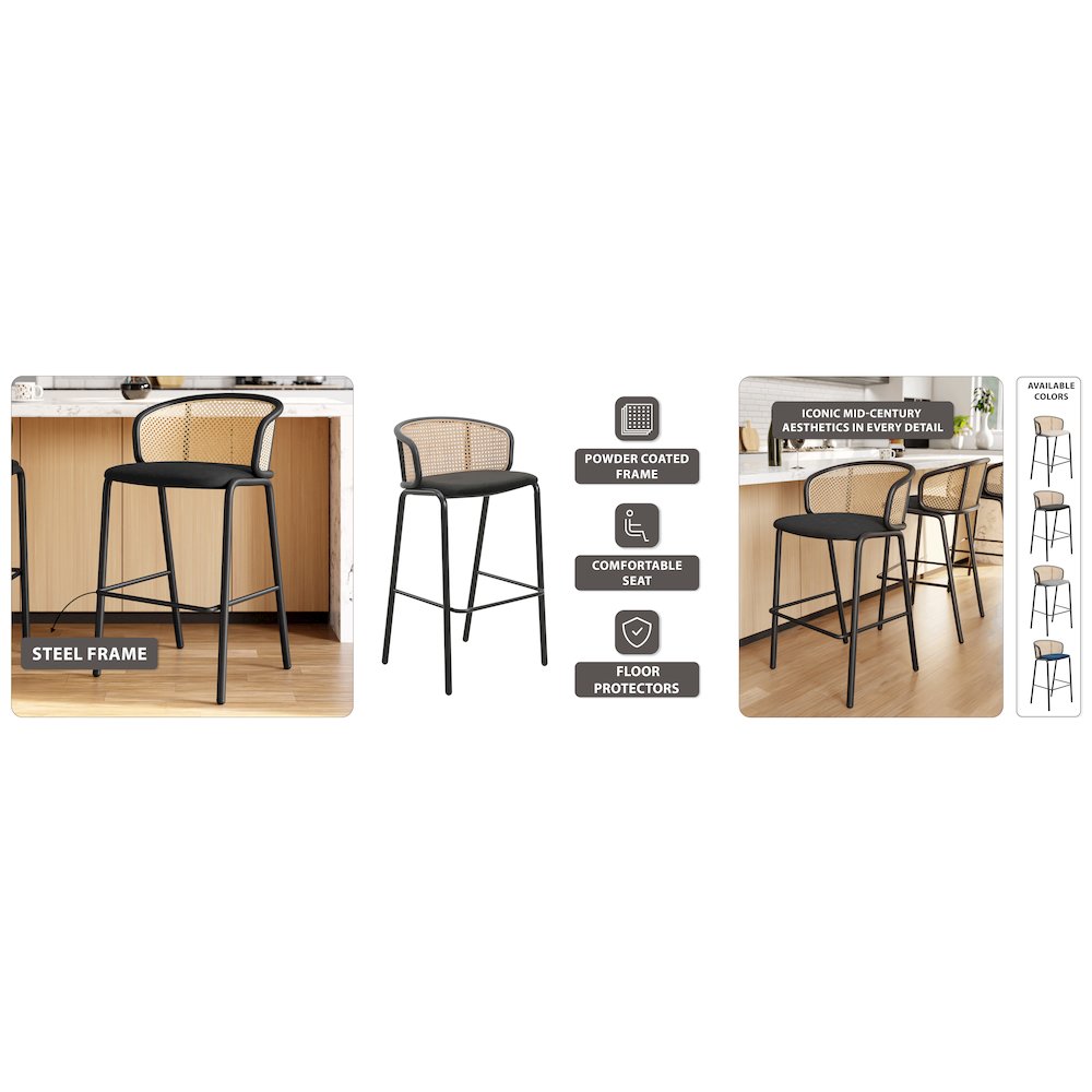 Ervilla Mid-Century Modern Wicker Bar Stool in Black