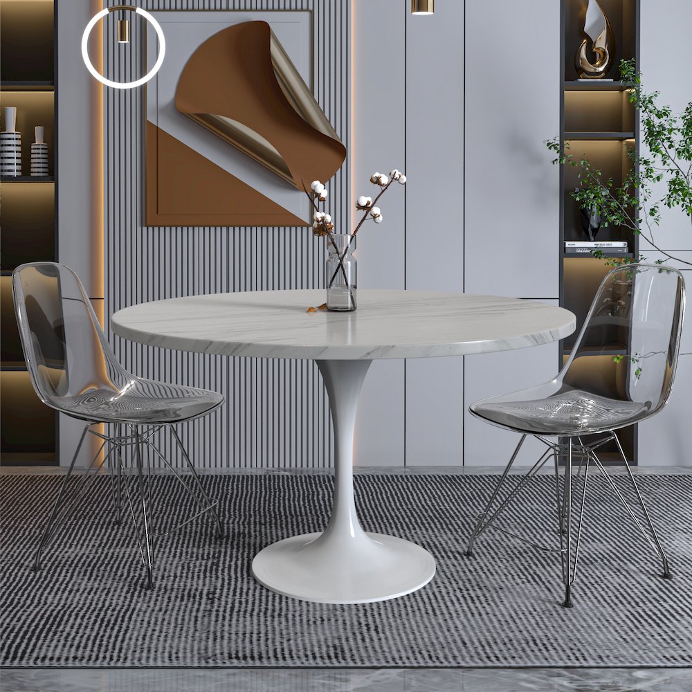 Verve Collection 48 Round Dining Table, White Base with Sintered Stone White Top