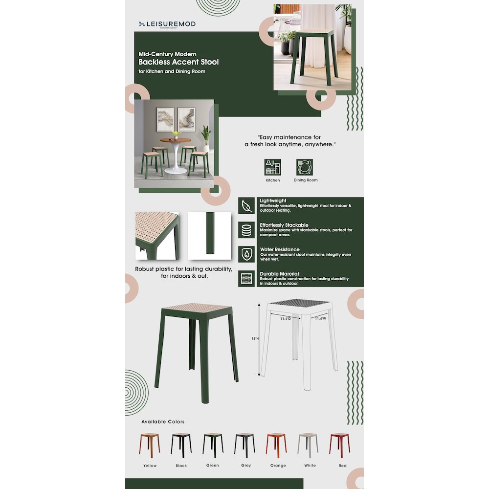 Tresse Series Stackable Poly Stool With Wicker Top 12 in Green