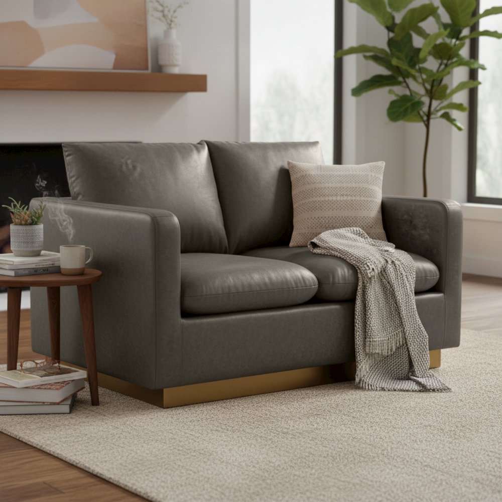 Nervo Modern Mid-Century Upholstered Leather Loveseat with Gold Frame