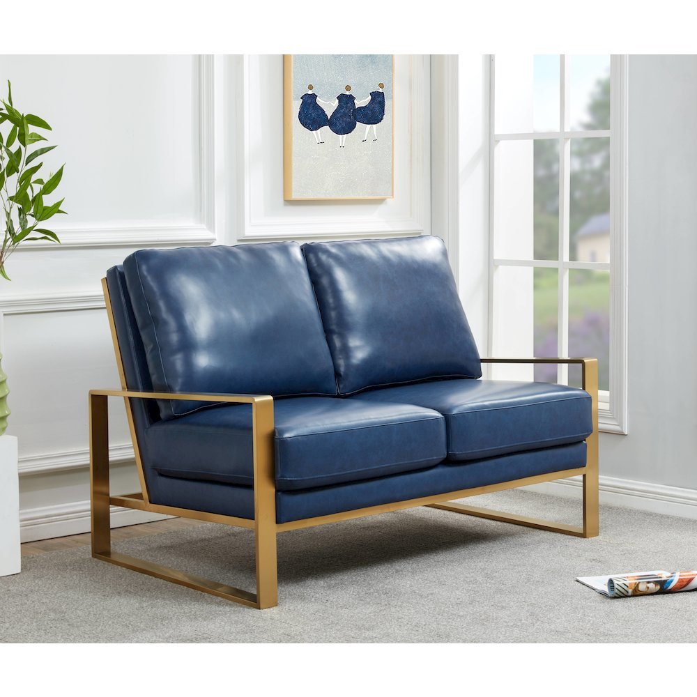 Jefferson - Leather Loveseat - Gold Frame - Navy Blue