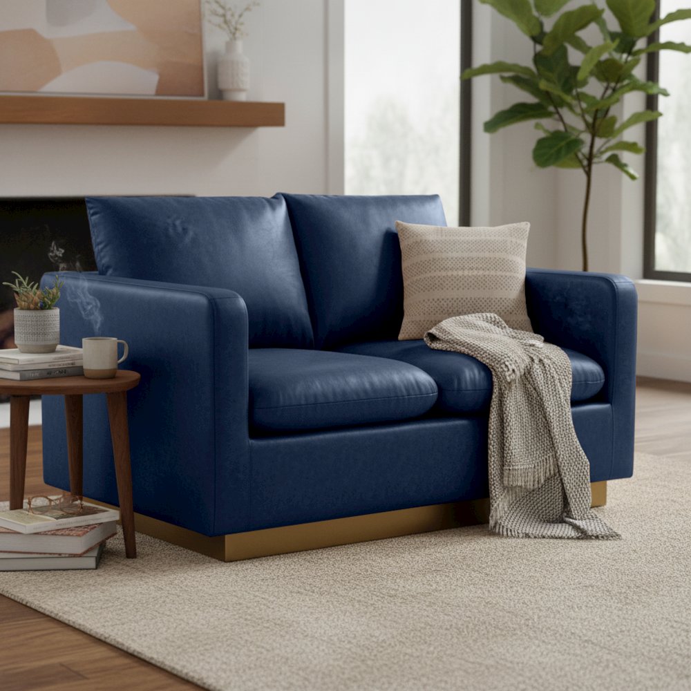 Nervo Modern Mid-Century Upholstered Leather Loveseat with Gold Frame