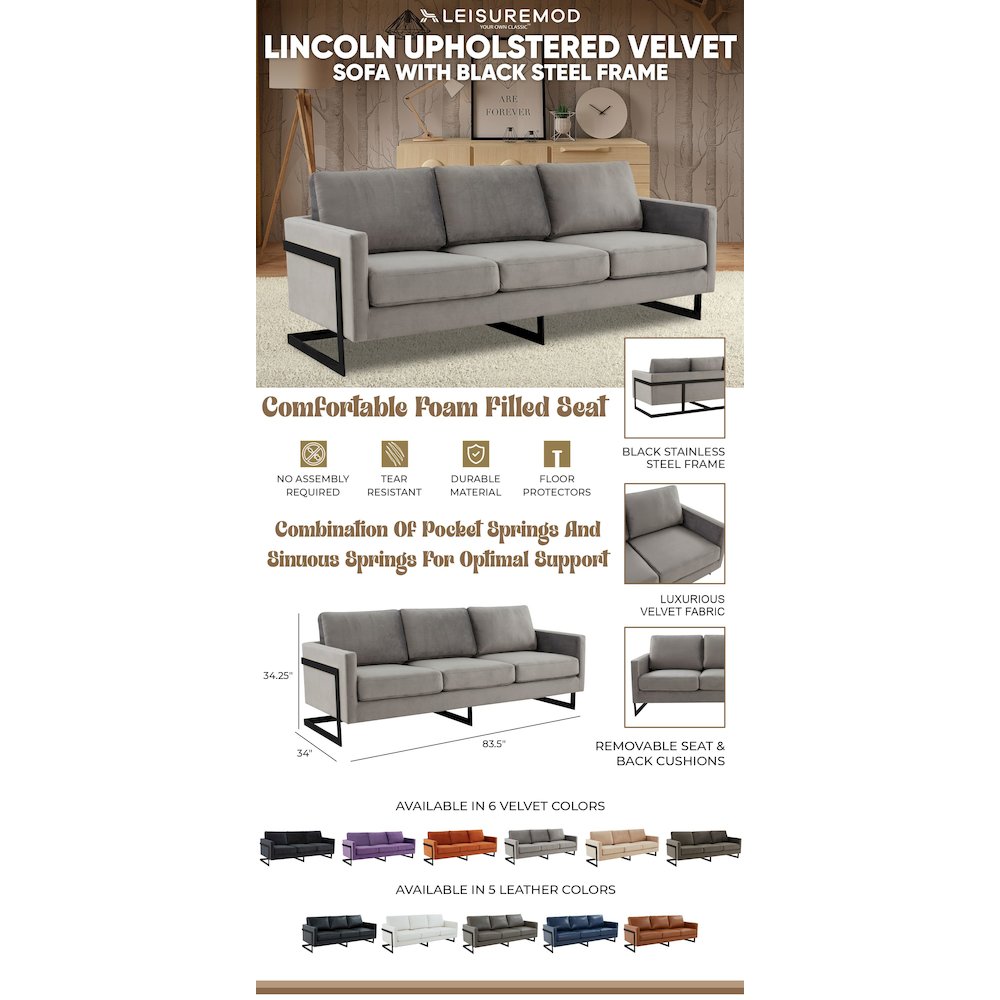 Lincoln Light Grey Velvet Sofa With Black Frame