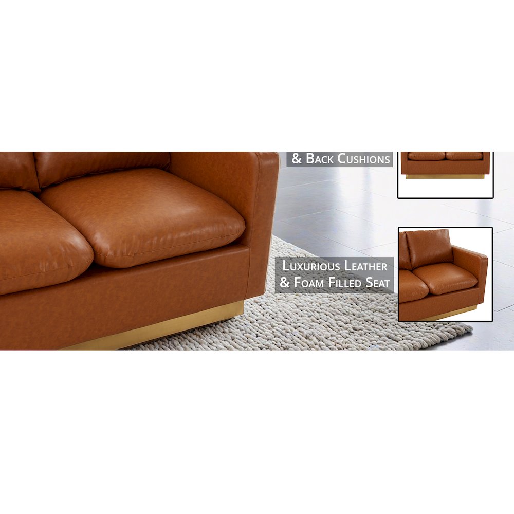 Nervo Modern Mid-Century Upholstered Leather Loveseat with Gold Frame