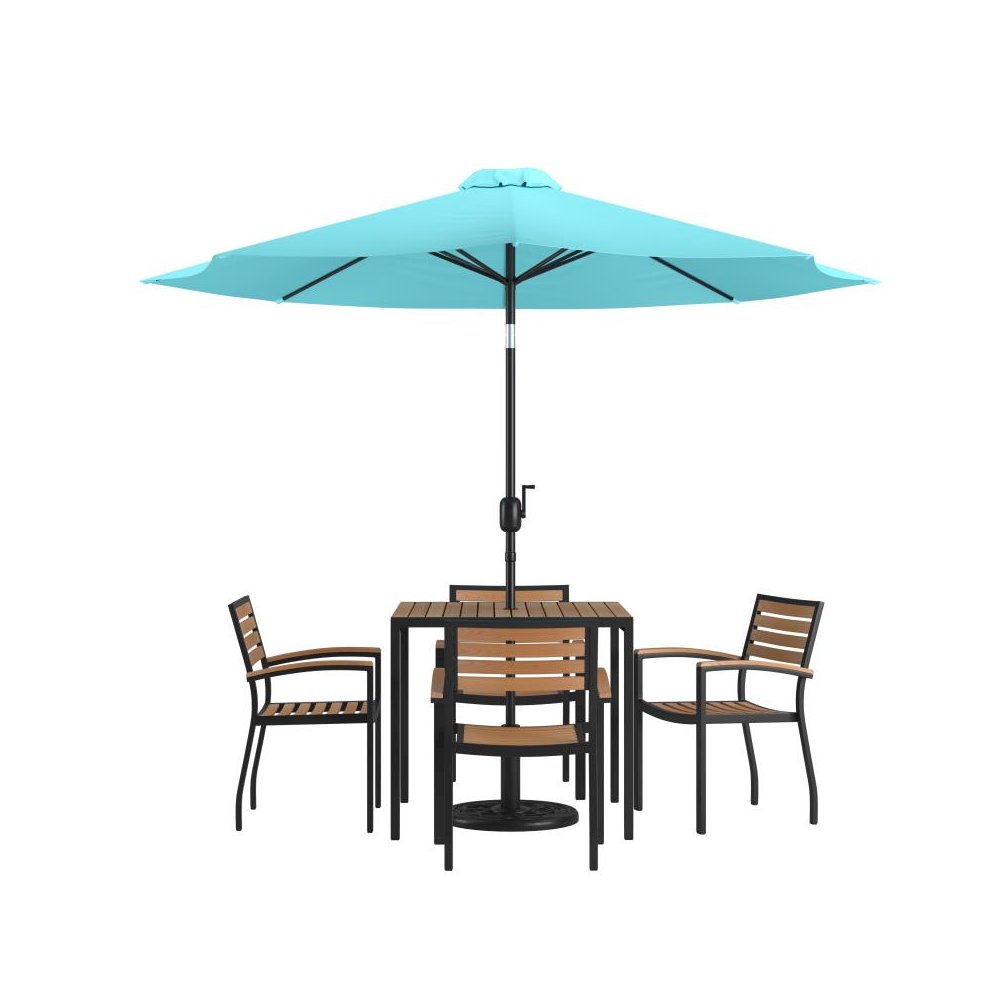 7 Piece Outdoor Patio Dining Table Set with 4 Synthetic Teak Stackable Chairs, 35" Square Table, Teal Umbrella & Base