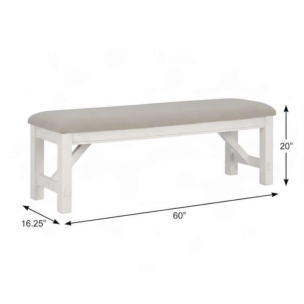 Rubberwood Upholstered Dining Bench with Foam-Padded Seat, Distressed, White