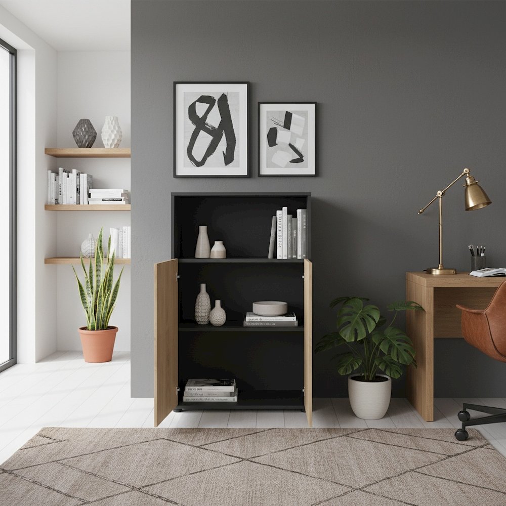 Gray Bookcase with 3 Shelves and 2 Doors for Home or Office Storage