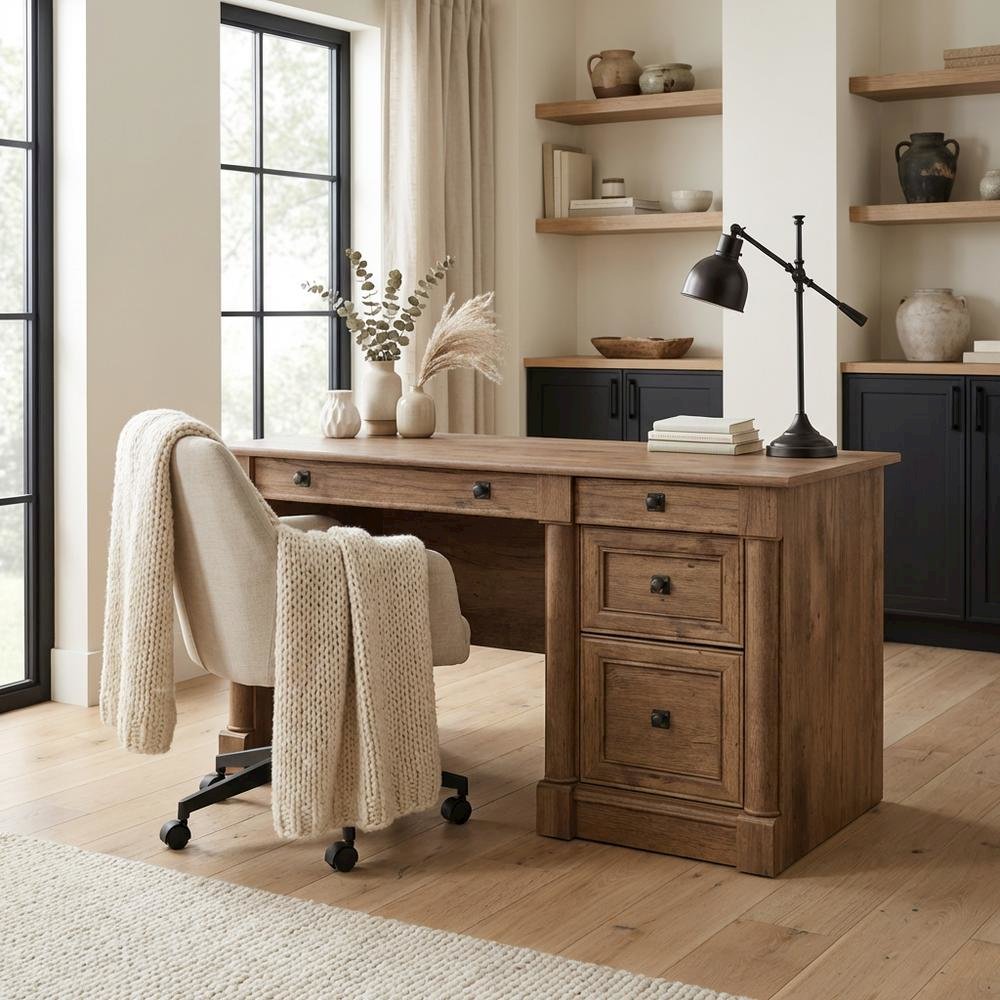 Vintage Oak Finish Computer Desk with Modern Farmhouse Style