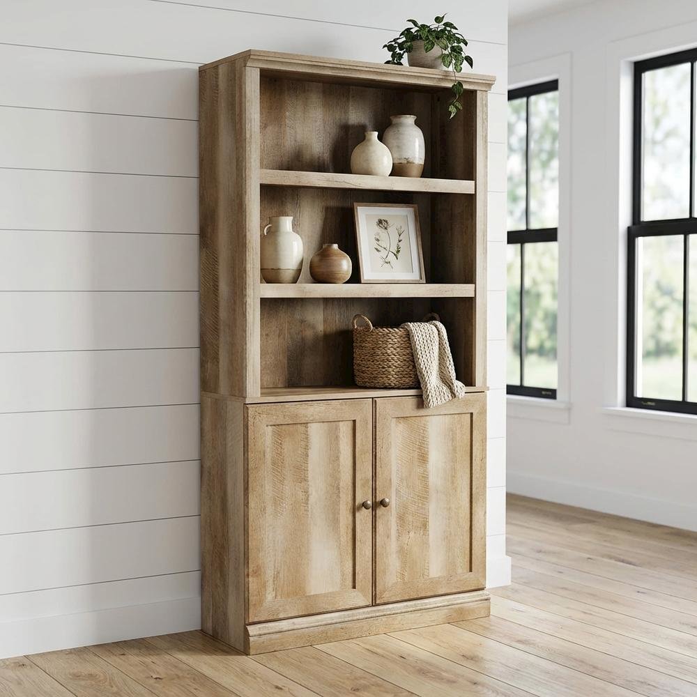 Oak finish storage library with spacious design and sturdy rectangle shape