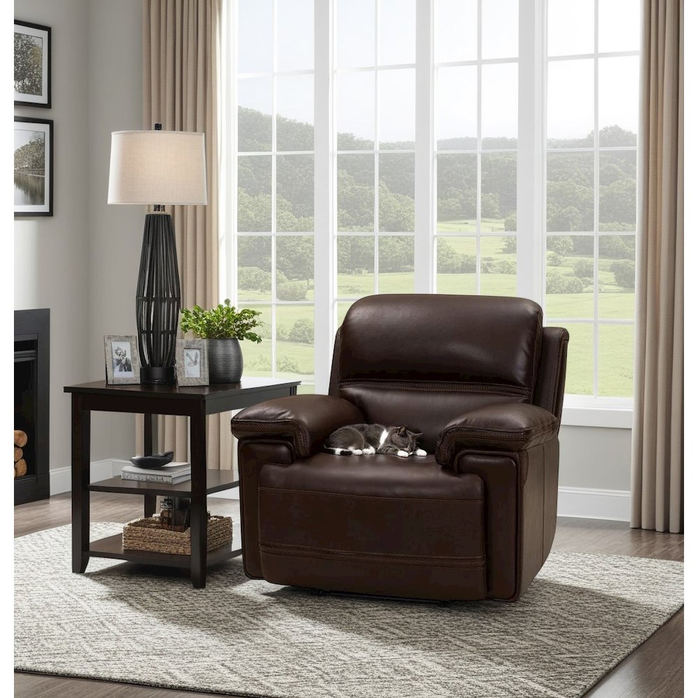 Brown Leather Recliner with Power Head Rest and Hardwood Plywood Frame