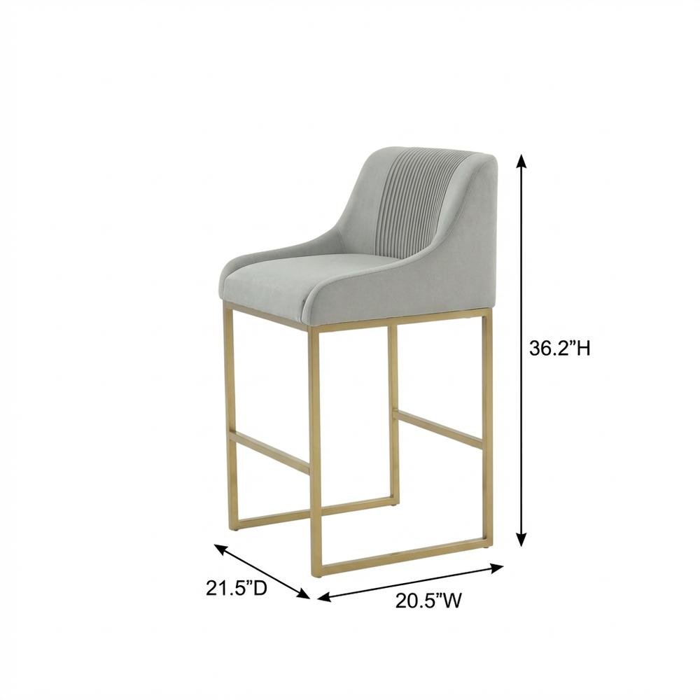 Grey Pleated Velvet Counter Stool with Gold Legs and Modern Design