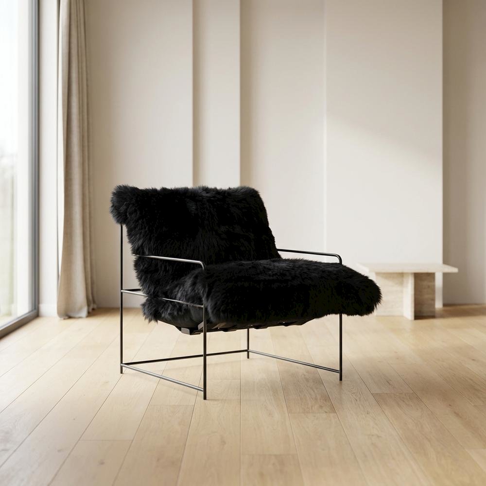 Sheepskin Accent Armchair with Black Iron Legs and PP Fiber Fill