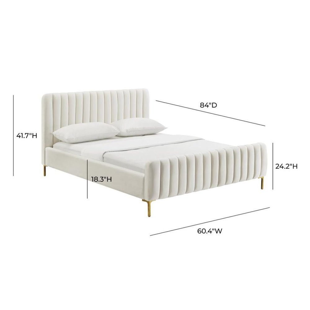 Beige Full Size Velvet Bed Frame With Gold Legs And Channel Tufted Headboard