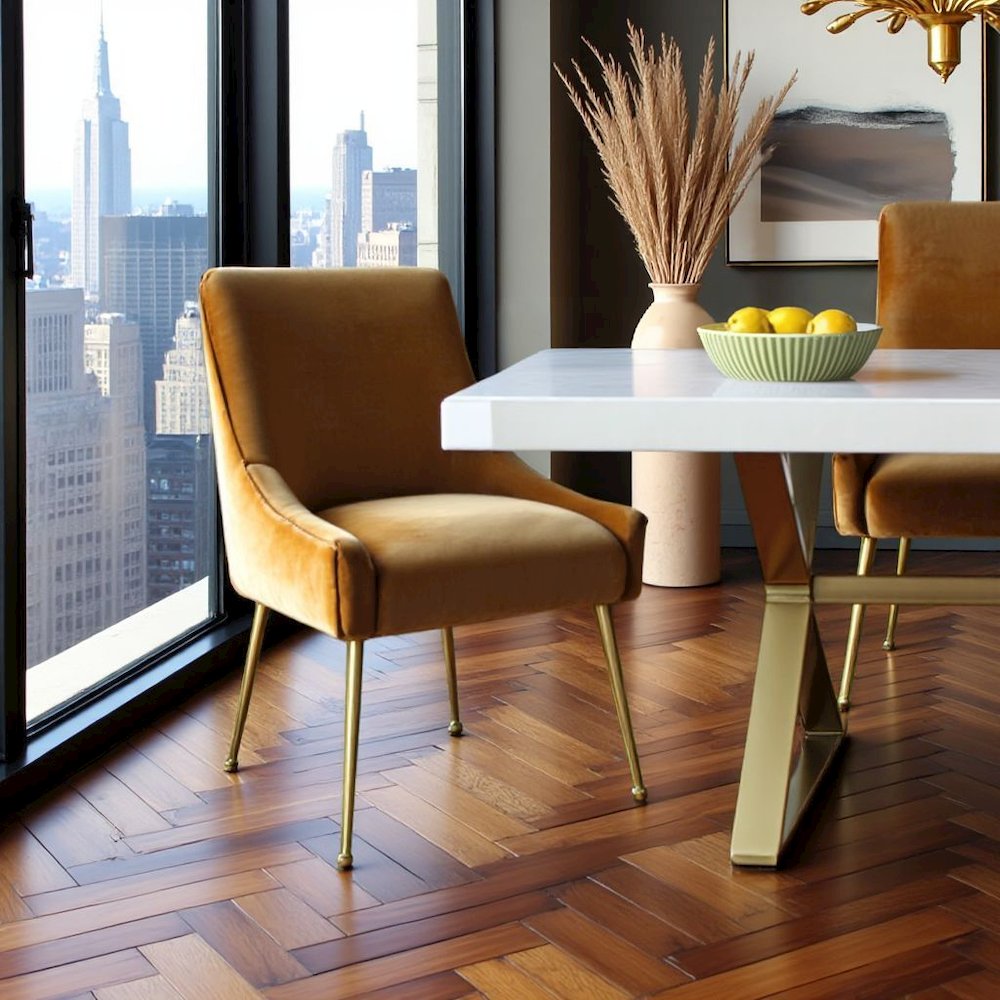 Brown Cognac Velvet Accent Chair With Gold Legs For Dining Room Or Living Space
