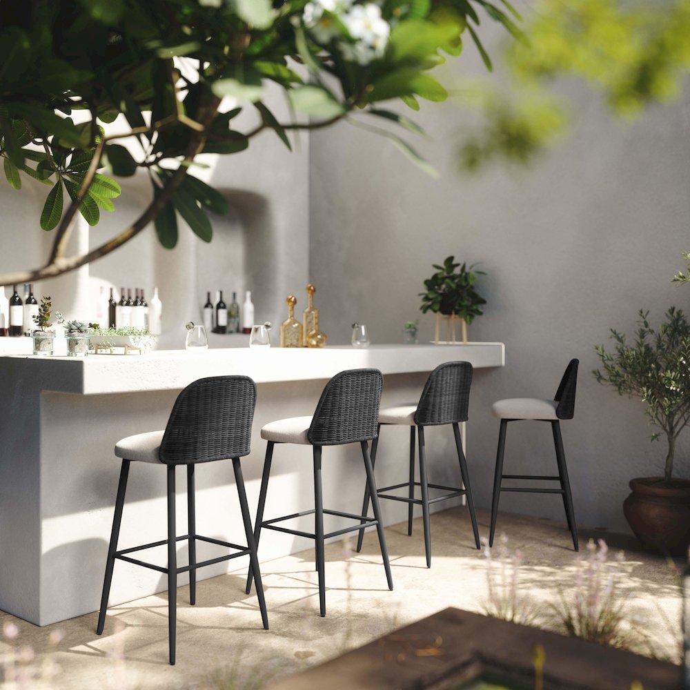 Alexa Black Rattan Performance Fabric Barstool